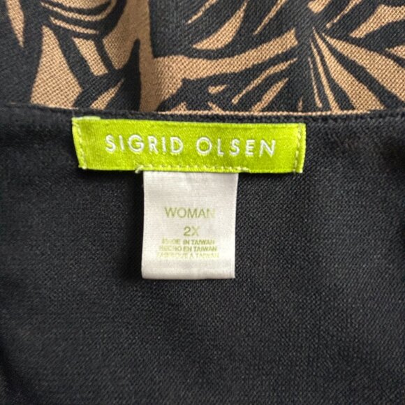Sigrid Olsen Womens 2X Floral Print 3/4 Sleeve V-Neck Top Black Brown Casual - Picture 3 of 7